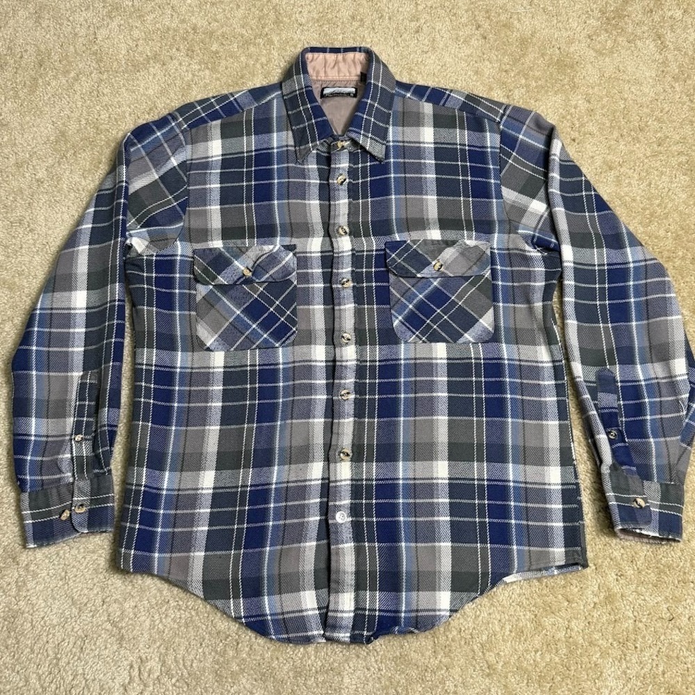 VTG Fieldmaster Men's L Tall Blue Gray Plaid Flannel Shirt 90s Korea Made